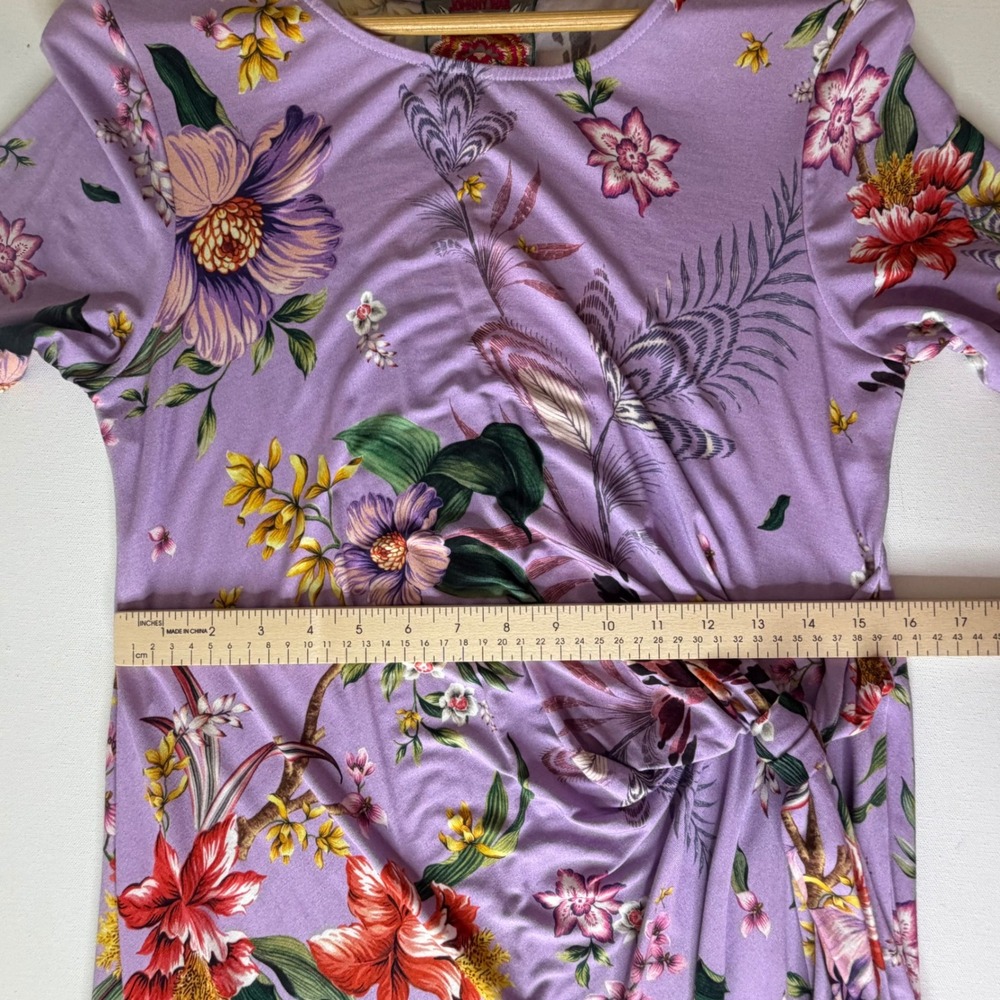 Johnny Was Janie Favorite Side Tie Knit Dress Medium Purple Floral Bird Stretch - Picture 11 of 13
